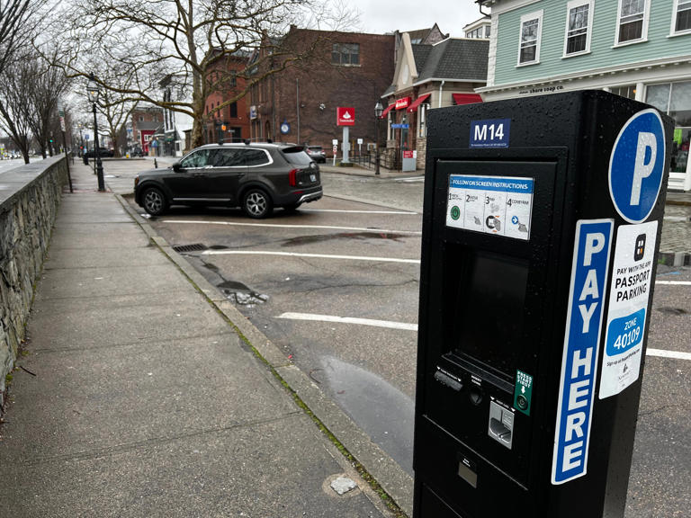 A parking meter on Thames Street in Newport.