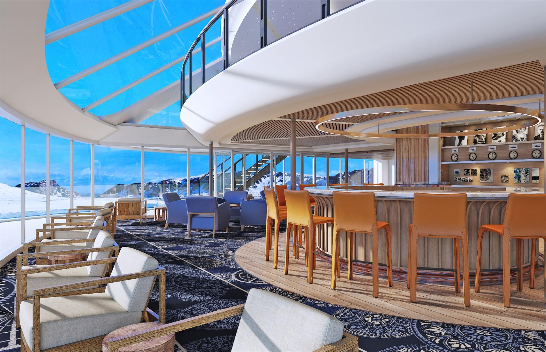 <p>The stunning Explorers’ Lounge, pictured, has two decks at the bow of the ship with double-height windows to take in the scenery. Other cleverly laid-out areas include the Finse Terrace, an outdoor lounge area just above sea level with has recessed couches and lava rock fire pits, and the Aquavit Terrace and pools, set under a retractable glass dome. The design of the spa and fitness centre is in keeping with Viking’s Nordic heritage, featuring a thermal suite with traditional Norwegian badestamp (wood-sided hot tub).</p>