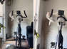 Cat caught napping in awkward yoga pose on exercise bike
