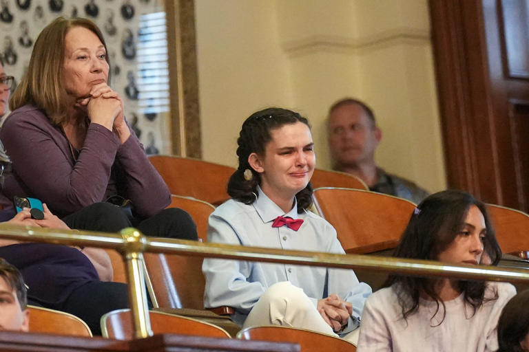 LGBTQ+ activist Arywn Heilrayne cries during a debate over Senate Bill 14 in the Texas House last year. The Legislature passed SB 14, which bans gender-affirming medical care for transgender children.