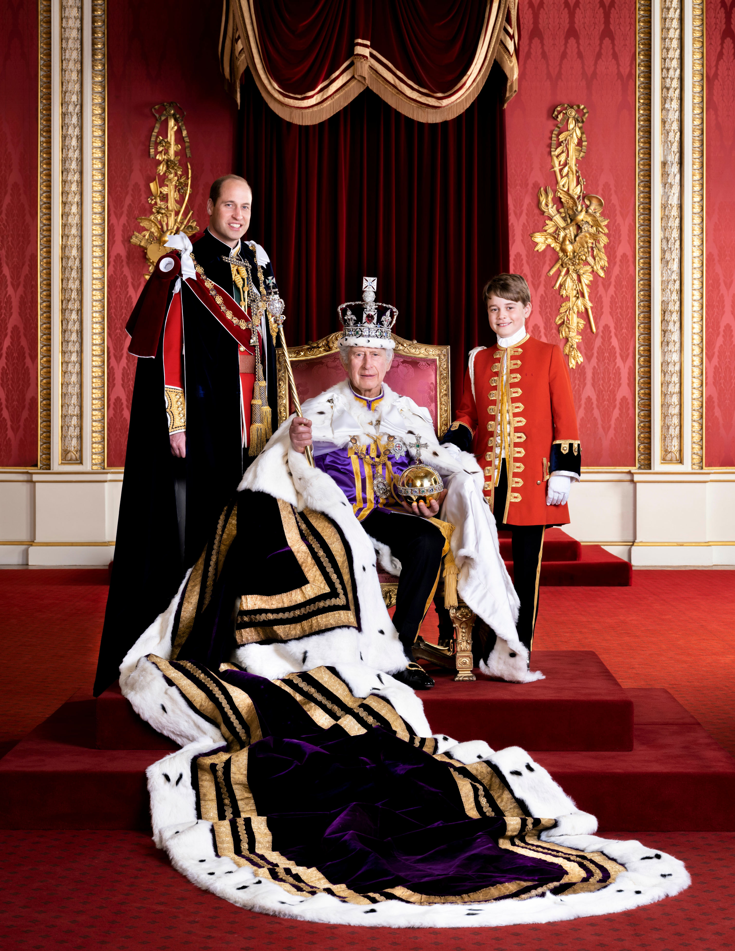 <p>King Charles III and his heirs -- <a href="https://www.wonderwall.com/celebrity/profiles/overview/prince-william-482.article">Prince William</a> and Prince George -- are pictured in the Throne Room at Buckingham Palace in London on <a href="https://www.wonderwall.com/celebrity/the-coronation-of-king-charles-iii-and-queen-camilla-the-best-pictures-of-all-the-royals-at-this-historic-event-735015.gallery">coronation day</a>, May 6, 2023, in an official coronation portrait released by the palace. </p>
