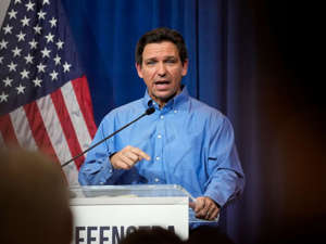 Florida Gov. Ron DeSantis speaks during a fundraising picnic for Rep. Randy Feenstra, R-Iowa, May 13, 2023, in Sioux Center, Iowa.