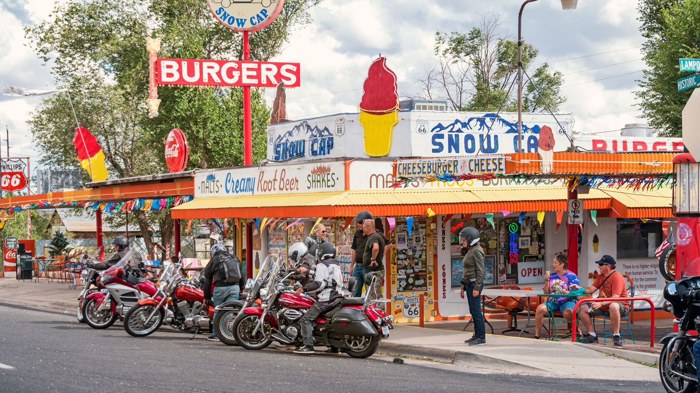 Bikers resting at a burger joint on Route 66 in Seligman, Arizona