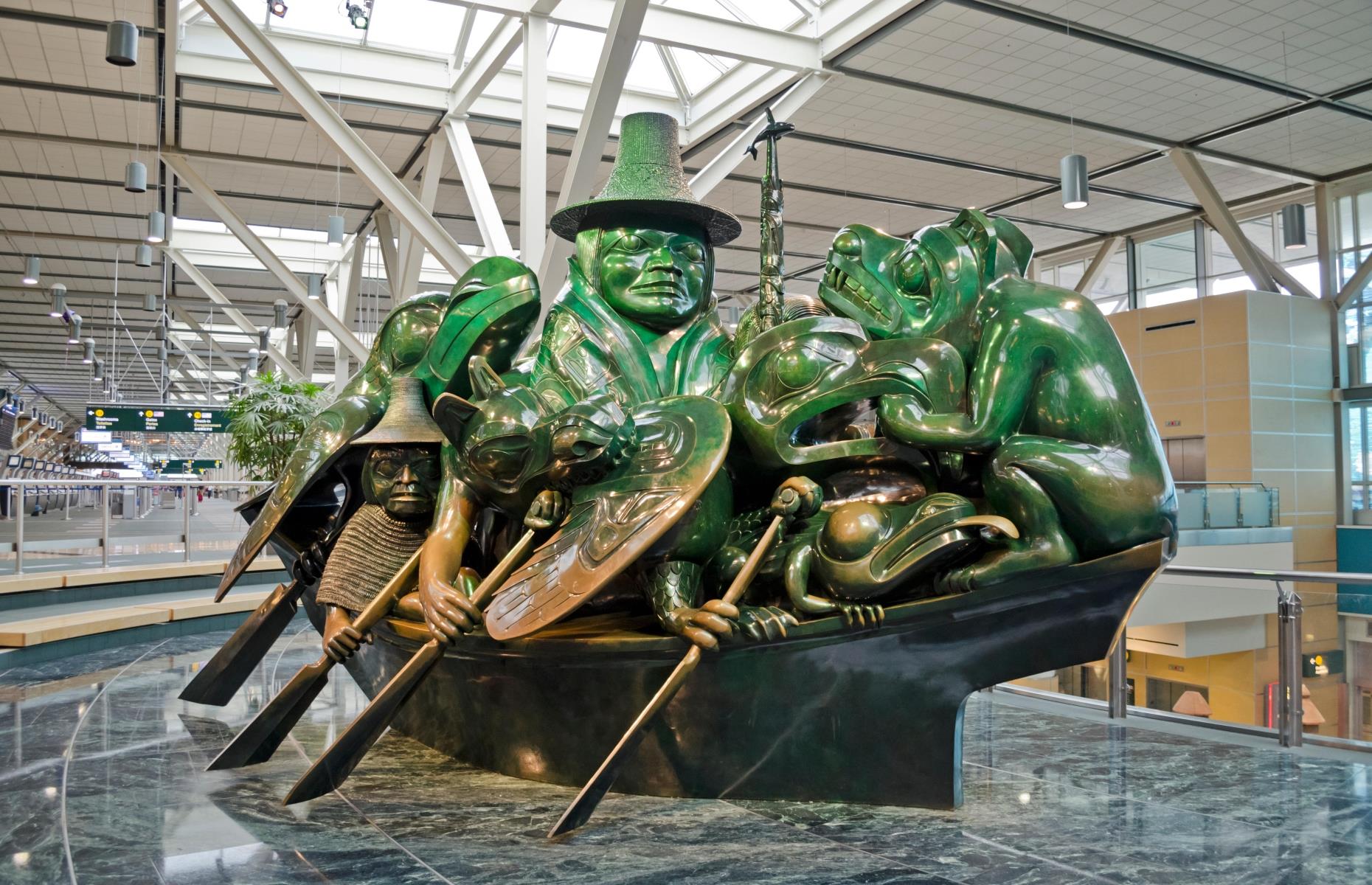 Beyond this tribute to Canada’s sealife, the airport acts as a gallery, showcasing work from some of the nation’s lauded artists. Highlights include 'The Spirit of Haida Gwaii: The Jade Canoe' by the late Canadian painter and sculptor Bill Reid. A bronze sculpture, it depicts a traditional Haida canoe filled with characters from Haida legend.