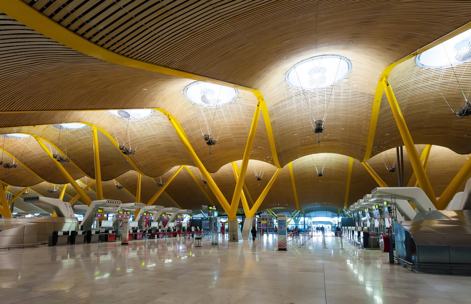 Heavily upgraded in 2006, this Madrid airport is one for architecture lovers. Gazing at the undulating ceiling, brilliant yellow beams and bold contemporary art is a perfect pastime, while natural light floods in from the circular skylights.