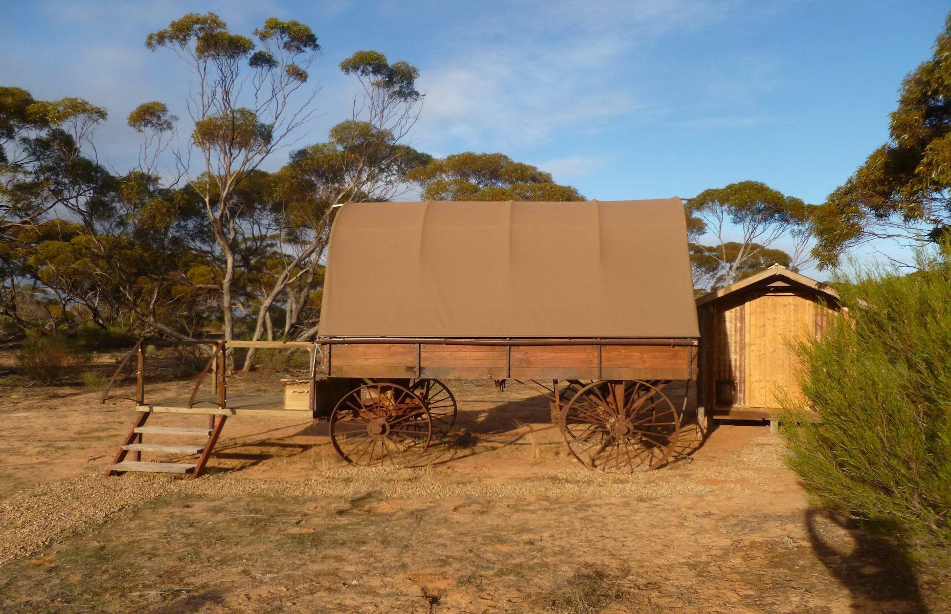 <p>For a real outback camping adventure, it's possible to snooze beneath the star-speckled South Australia sky and drift off to a lullaby of bush sounds with a night in a <a href="https://gawlerrangessafaris.com/how-to-get-here/kangaluna-camp/">Swagon</a>. The renovated covered wagon comes with a swag bed and glorious sky views, which is why it's also known as the “galaxy suite”. Elsewhere in Kangaluna Camp, a wilderness retreat located in the Mallee region of the Gawler Ranges on the Eyre Peninsula, are safari tents with handmade wooden beds and private bathrooms. </p>