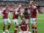West Ham United's Declan Rice celebrates scoring his side's first goal with Emerson Palmieri, Danny Ings, Pablo Fornals and Tomas Soucek during the Premier League match between West Ham United and Leeds United at London Stadium