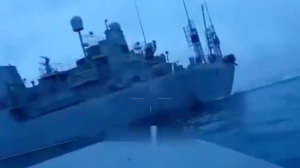 An image from a Ukrainian drone boat captures its approach to a Russian naval ship. Photo from video released by the Ukrainian military.