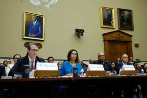 (Left to right) City Administrator Kevin Donahue, D.C. Mayor Muriel Bowser, outgoing D.C. Chief of Police Robert Contee, and U.S. Attorney for the District of Columbia Matthew Graves testify before the House Oversight and Accountability Committee on May 16, 2023.