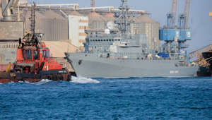 The Russian navy intelligence collection ship Ivan Khurs is docked at the port of the Sudanese city of Port Sudan, on April 10, 2021. Russia’s Ministry of Defense said Ukraine launched an “unsuccessful” attack on the Ivan Khurs with sea drones on Wednesday.