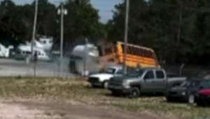 Moment tanker crashes into school bus
