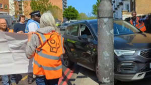 Driver mounts pavement to get around activists