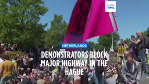 Climate protesters decrying fossil fuel subsidies block highway in The Hague