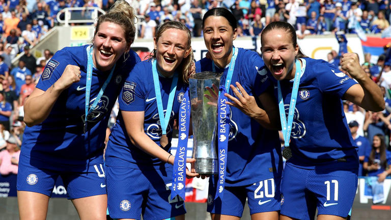 (L-R) Chelsea’s Millie Bright, Erin Cuthbert, Sam Kerr and Guro Reiten pose with the WSL trophy