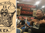 (At left) An image of the Banditos logo, which is used for tattoos. (At right) Activists packed a 2019 sheriff's town hall at Garfield High School in East L.A. Lisa Vargas (c) is the mother of Anthony Vargas, who was killed by sheriff's deputies on Aug. 12, 2018. ((Frank Stoltze / LAist))