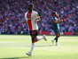 Kamaldeen Sulemana celebrates after scoring Southampton's second goal in the 4-4 Premier League draw against Liverpool FC at St Mary's Stadium on May 28, 2023. Getty