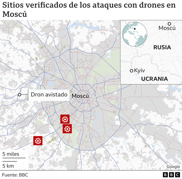 Gráfico con la ubicación de los lugares donde cayeron los drones en Moscú.