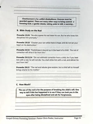 A page from a worksheet Aaron and Christina Beall studied in a 2012 parenting seminar given by a Maryland pastor.