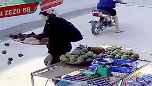 Ladrones torpes tiran toda la bandeja de fruta robada