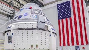 The Boeing Starliner capsule that will fly the company&#x2019;s Crew Flight Test mission to the International Space Station is shown at NASA&#x2019;s Kennedy Space Center in Florida in April 2023.