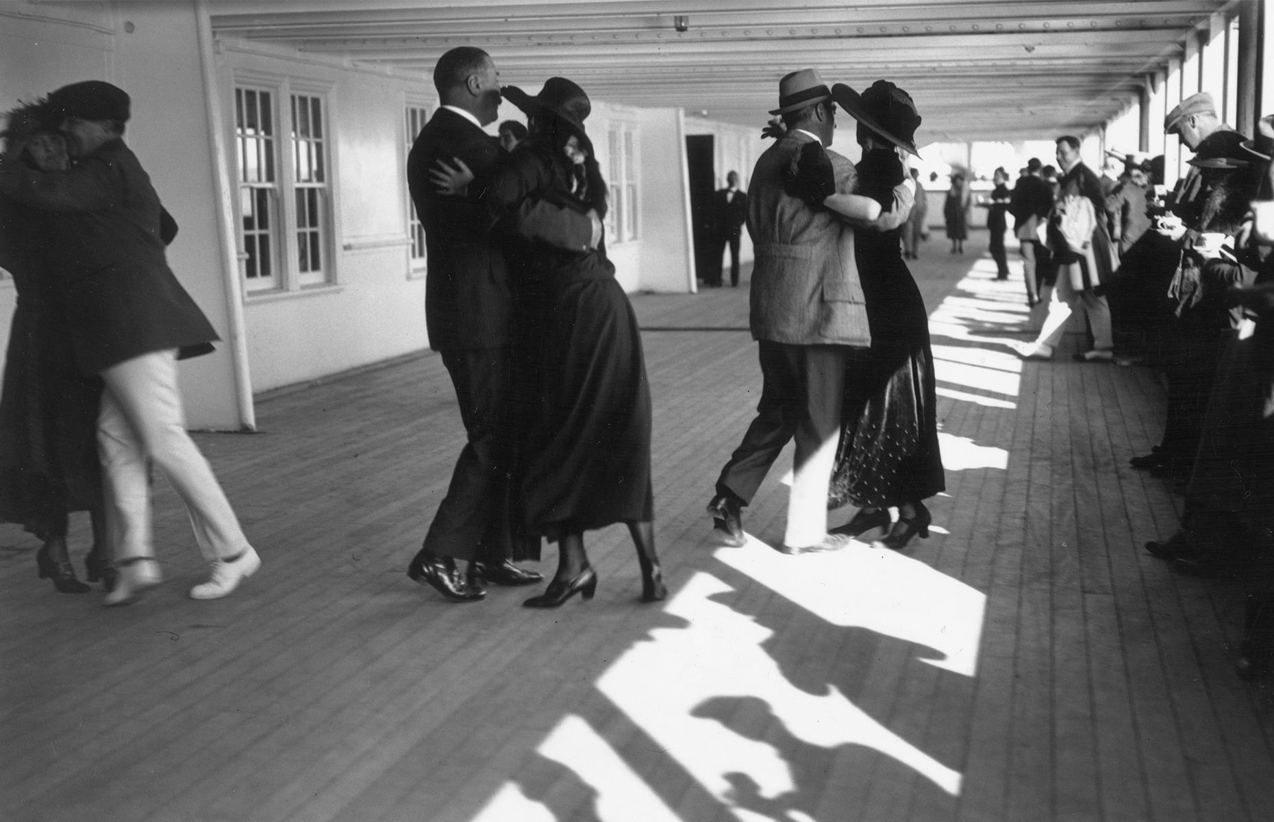 Still, against the odds, the cruise industry managed to keep its head above water and, post-war, the upper echelons of society took to the seas once more. Here affluent travelers dance on the deck of Cunard's Aquitania in 1922.