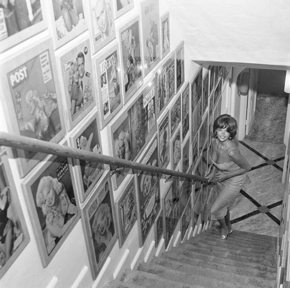 <p>Jayne Mansfield wasn't shy in front of the cameras or about inviting them into her Pink Palace home. This photo, taken in the 1950s, shows the pin-up girl on the staircase in her home.</p> <p>It shows that she wasn't above being a bit pretentious, as the wall leading up the stairs is covered in her photo, gracing various magazine covers!</p>