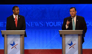 FILE - Chris Christie, left, participate in the Republican Presidential Candidates Debate, Feb. 6, 2016 at St. Anselm's College Institute of Politics in Manchester, New Hampshire.