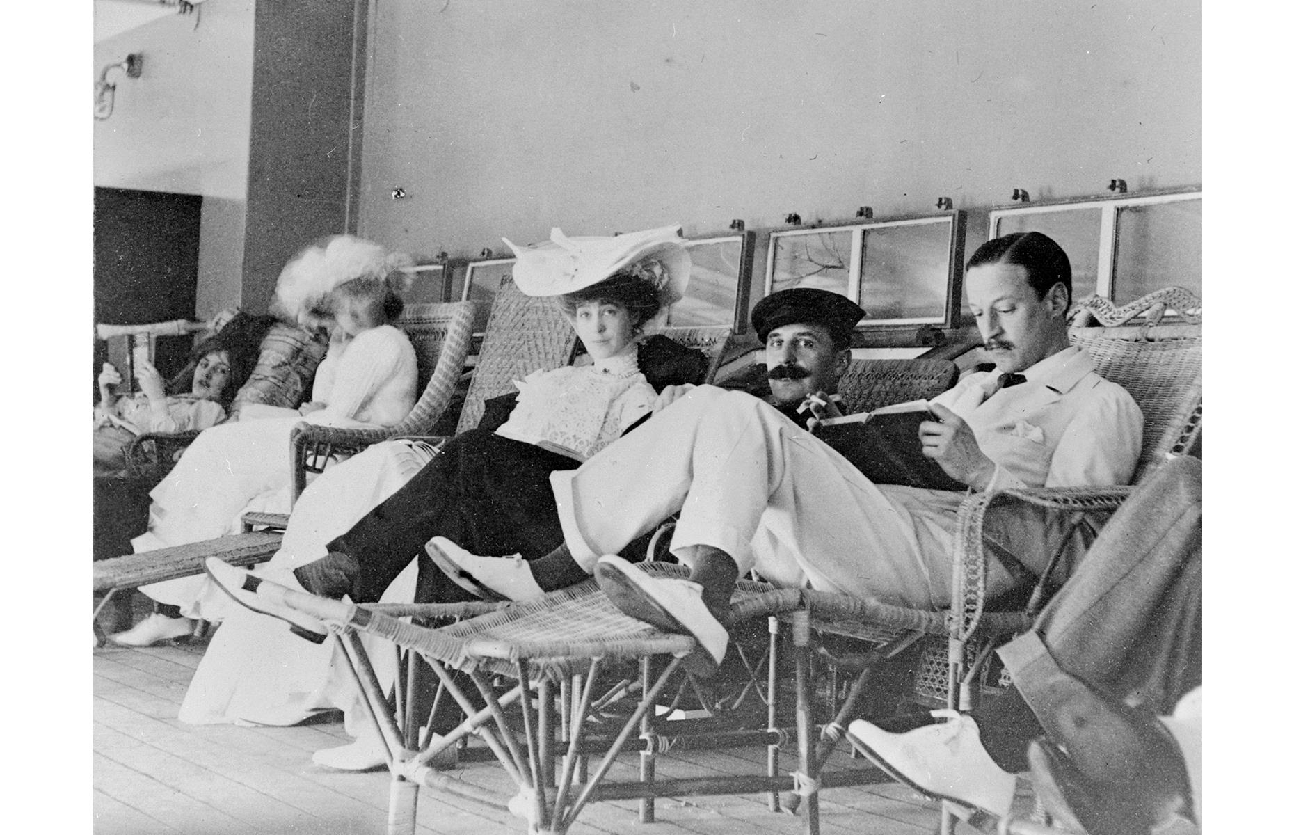 The period from the 1900s to the end of the 1930s is what many consider cruising’s golden age. By this point, the journey had become as important as the destination and passengers would don their finery to take to the seas for weeks on end. Here the Duke and Duchess of Marlborough relax on the deck of P&O's Arabia, en route to Mumbai in 1902.