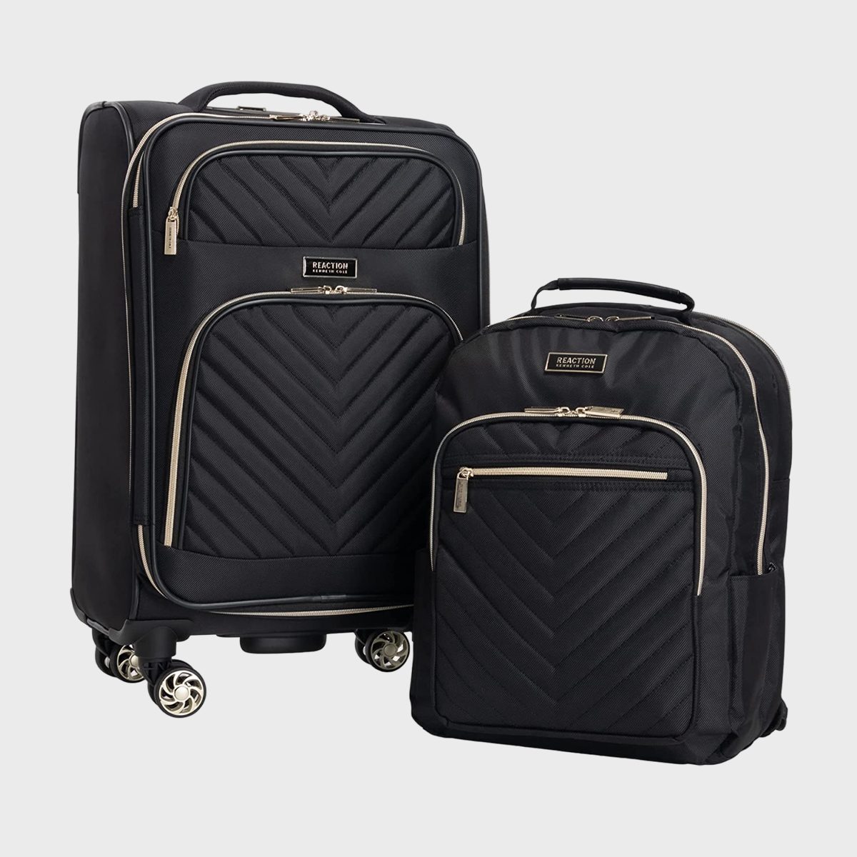 <h3>Kenneth Cole Reaction Chelsea Luggage Collection</h3> <p>This <a href="https://www.amazon.com/Kenneth-Cole-Reaction-Expandable-Suitcase/dp/B07T4DYXPG" rel="noopener">Kenneth Cole luggage set</a> includes a soft-sided carry-on and a matching backpack. Crafted with a stylish chevron-patterned fabric, both pieces are lightweight and fashion-forward. The tear-resistant interior provides an added layer of security for your belongings. The rolling <a href="https://www.rd.com/list/amazon-carry-on-luggage/">Amazon luggage</a> is expandable, allowing for an extra 1.5 inches of storage capacity. On the other hand, the backpack not only features a padded laptop compartment but also numerous pockets, offering hands-free convenience for storing personal items and in-flight essentials.</p> <p>"Wife brought it to her office and her workmates were fawning over the design," writes <a href="https://www.amazon.com/gp/customer-reviews/R2S4MHC5MGVUCS/" rel="noopener">Ken C.</a> in his five-star review of this <a href="https://www.rd.com/list/best-luggage-sets/">luggage set</a>. "She loves how light it is, how the spinner wheels tackle terrains with ease and how it carries her heavy laptop and other stuff like a champ."</p> <p><strong>Pros</strong></p> <ul> <li>Two-piece set includes one soft-sided suitcase and a matching backpack</li> <li>Stylish chevron design</li> <li>Wet-garment pocket</li> <li>Elastic clothing compression straps</li> <li>Backpack loops over the telescoping carry-on handle</li> </ul> <p><strong>Cons</strong></p> <ul> <li>The suitcase's small size isn't best suited for longer trips or over-packers</li> </ul> <p class="listicle-page__cta-button-shop"><a class="shop-btn" href="https://www.amazon.com/Kenneth-Cole-Reaction-Expandable-Suitcase/dp/B07T4DYXPG">Shop Now</a></p>