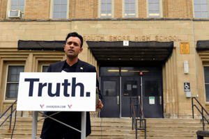 Republican Presidential candidate Vivek Ramaswamy speaks outside the shuttered former South Shore High School where the city of Chicago plans to house illegal immigrants Friday, May 19, 2023, in Chicago.