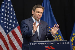 Republican presidential candidate Florida Gov. Ron DeSantis delivers remarks during his &quot;Our Great American Comeback&quot; Tour stop on June 1, 2023 in Laconia, New Hampshire.