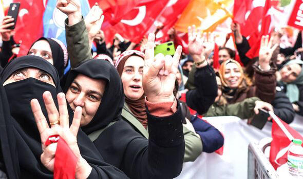 Supporters of Turkish President Erdogan attend his election campaign event in Istanbul
