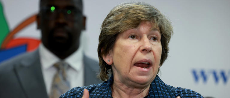 Randi Weingarten, President American Federation of Teachers, speaks during a press conference condemning Florida Governor Ron DeSantis and his alleged role in insurance costs skyrocketing for Floridians on May 03, 2023 Tamarac, Florida. Florida's average home insurance costs have nearly doubled. As a result, teachers, middle-class and poor people are having difficulty affording the cost of owning or renting a home and now pay about three times the national average. (Photo by Joe Raedle/Getty Images)