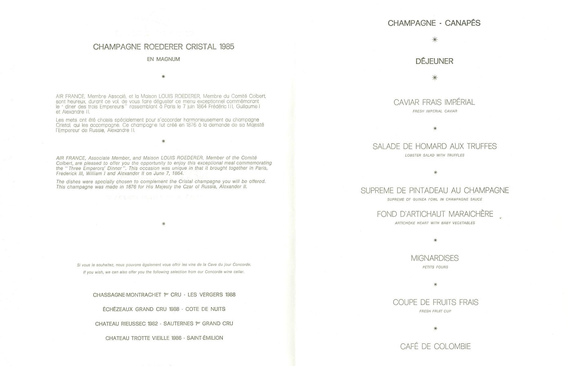 <p>Airline food in the 1990s was getting closer to what we know today. With most people sitting in economy class, portions were smaller and the meals less lavish. However, if passengers sought the luxury of the golden age of flying, all they had to do was upgrade to first. This Air France Concorde menu from 1992 shows the sort of decadent food passengers of the 1960s would have been used to: fresh caviar, lobster salad with truffles and guinea fowl in Champagne sauce.</p>