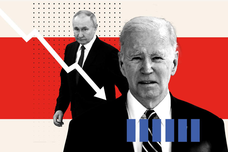 A Newsweek photo illustration of Joe Biden at the White House, April 26, 2023 in Washington, DC and Russian President Vladimir Putin at the Kremlin in Moscow on March 21, 2023.