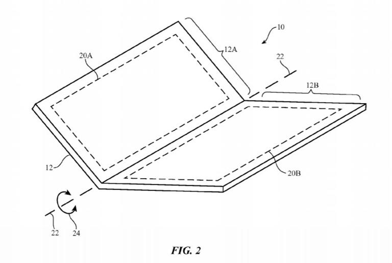 This illustration, according to Apple's patent filing, shows a "device that bends along a flexible portion such as a flexible seam associated with a hinge." Apple/US Patent and Trademark Office