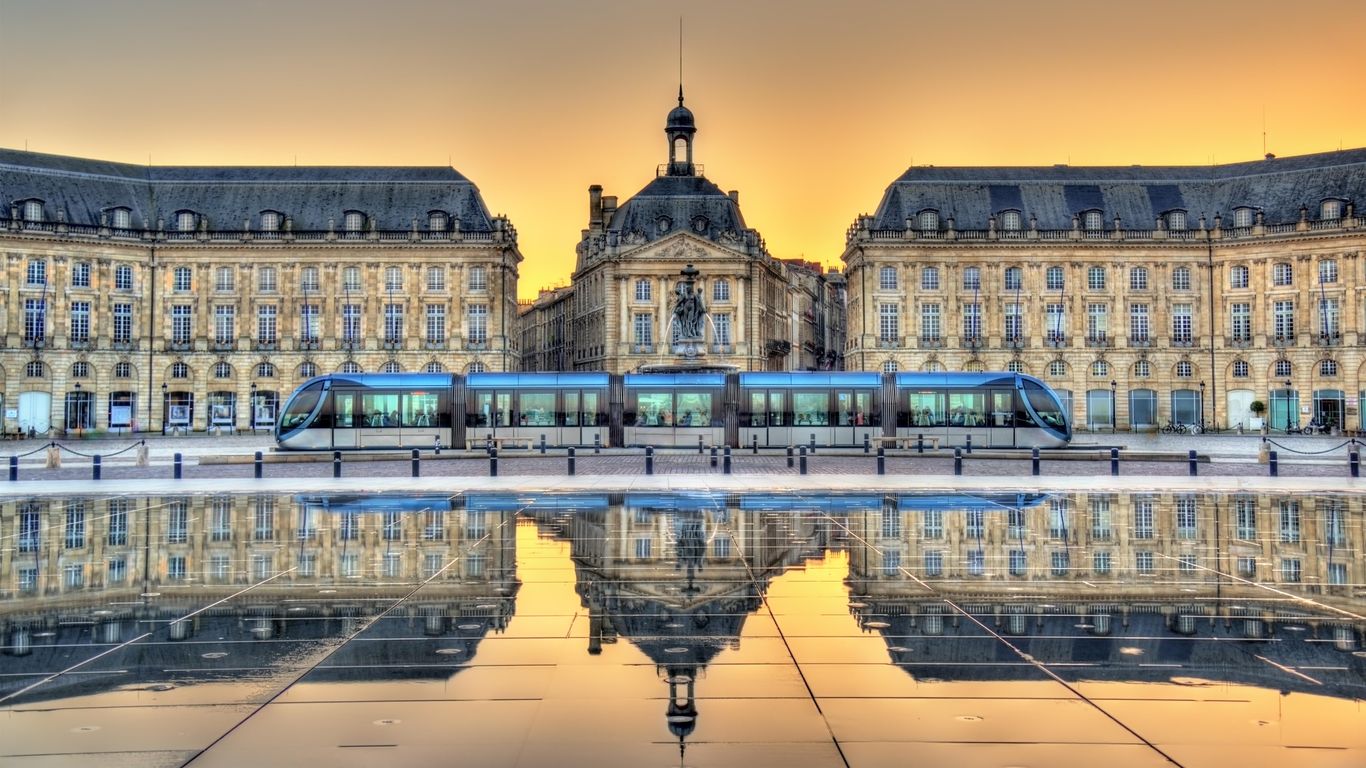 Place de la Bourse reflecting from the water mirror in Bordeaux, France