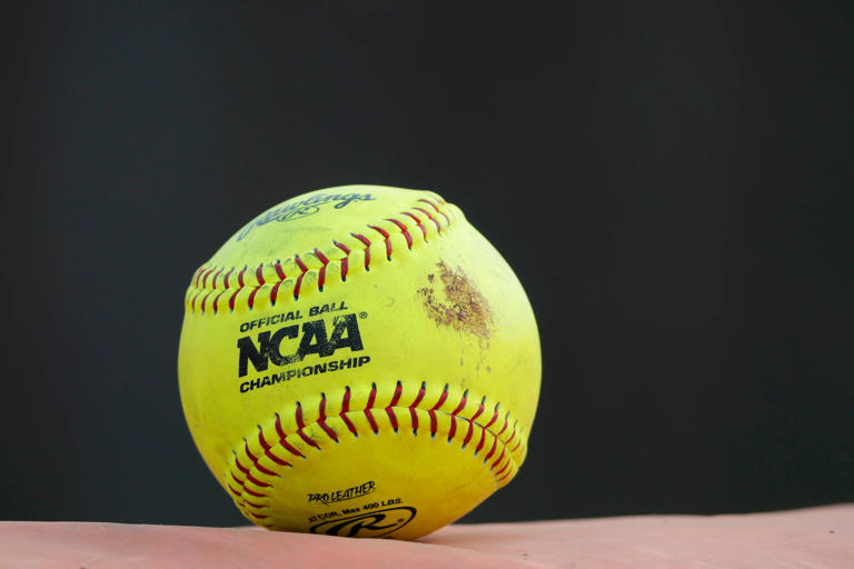 A softball is pictured during a game between the Oklahoma State Cowgirls (OSU) and the UMBC Retrievers in the Stillwater Regional of the NCAA softball tournament in Stillwater, Okla., Friday, May 19, 2023.