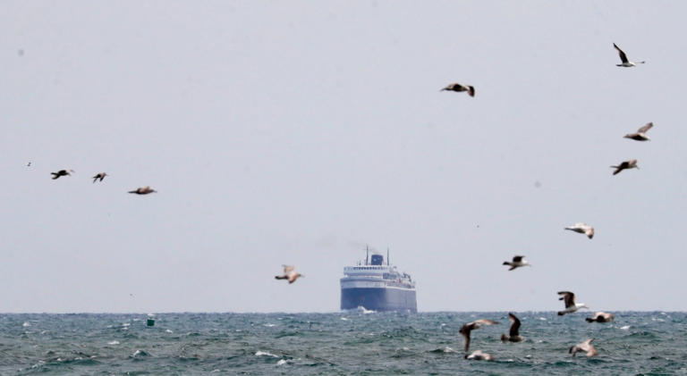 Seagulls seem to frame the S.S. Badger as it arrives, Thursday, May 18, 2023, in Manitowoc, Wis.