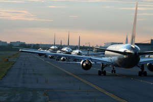 Planes line up for takeoff.