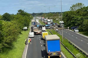 A view of the lorry crash from a bridge over the A63, near Brantingham.