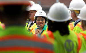 Metro Chief Executive Stephanie Wiggins speaks during a "sneak peek" ride Monday on the new Regional Connector set to open soon. ((Christina House / Los Angeles Times))