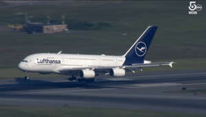 Sky 5 captures Lufthansa's A380 landing at Boston's Logan Airport