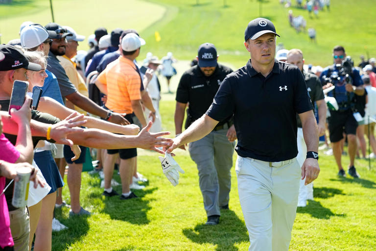 June 1, 2023; Dublin, Ohio, USA; Jordan Spieth walks to the 14th tee during the opening round of the Memorial Tournament at Muirfield Village Golf Club.