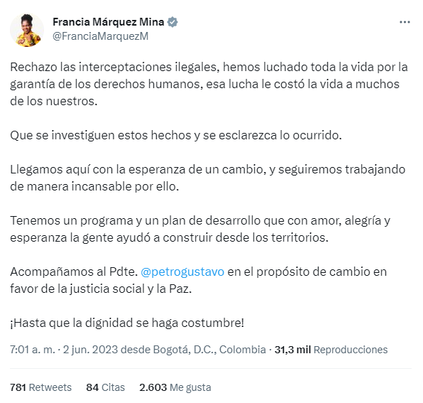 Twitter de la vicepresidenta Francia Márquez.