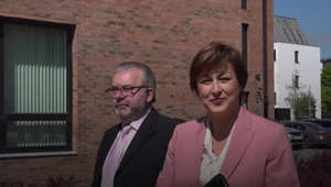 Former BBC newsreader Donna Traynor and its Northern Ireland director Adam Smyth leave the Office of the Industrial Tribunals, Killymeal House, Belfast, after a discrimination case was resolved.