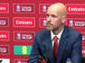 Manchester United boss Erik Ten Hag reacts to their 2-1 over FA Cup defeat to city rivals Manchester City