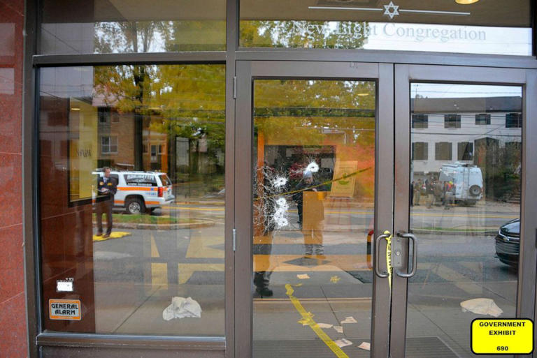 The bullet damaged doors of the Tree of Life synagogue building in Pittsburgh, was entered June 1, 2023, as a court exhibit by prosecutors in the federal trial of Robert Bowers.