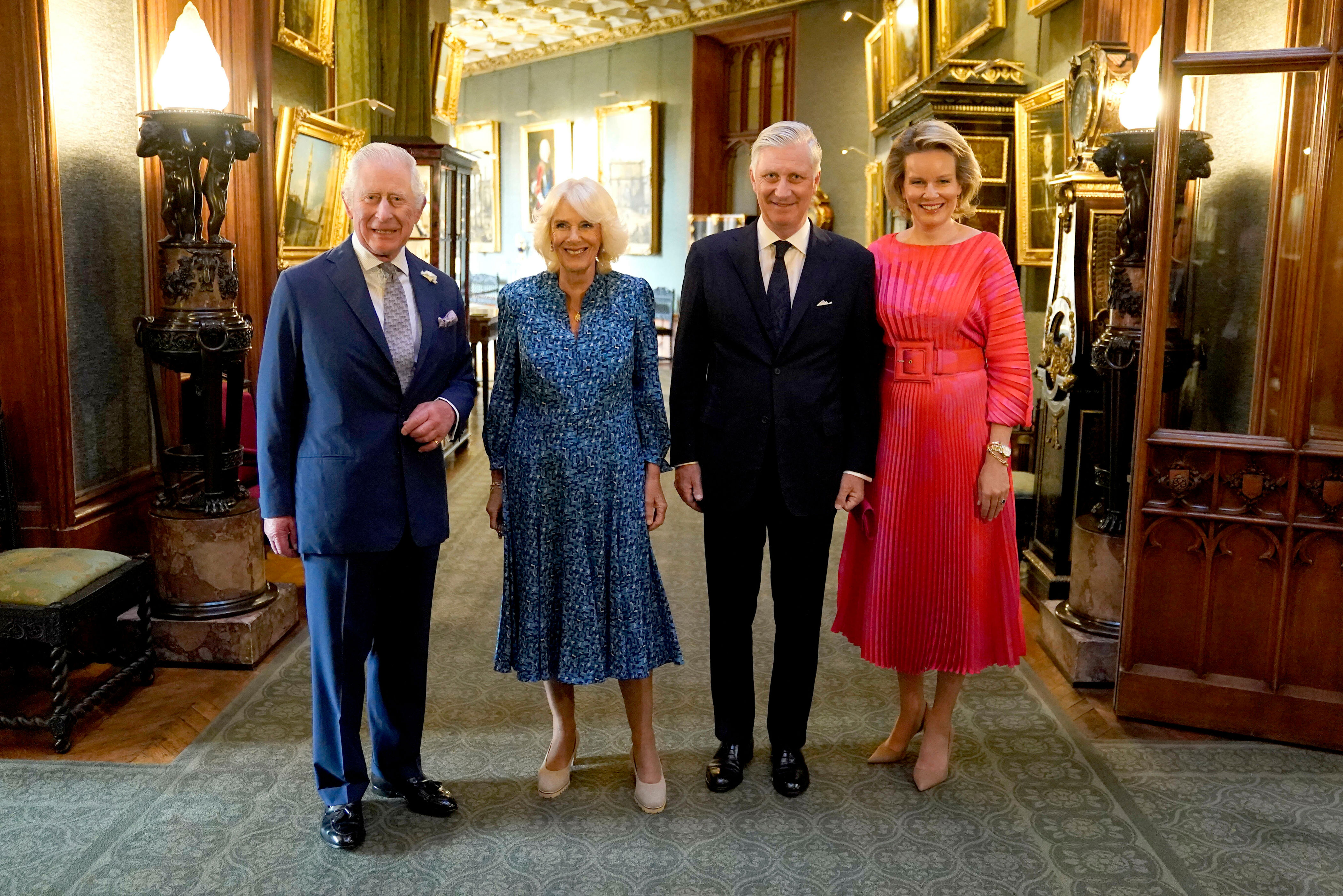 <p>Britain's King Charles III and Queen Camilla welcome Belgium's King Philippe and Queen Mathilde during a reception held in their honor at Windsor Castle in Windsor, England, on June 8, 2023.</p>