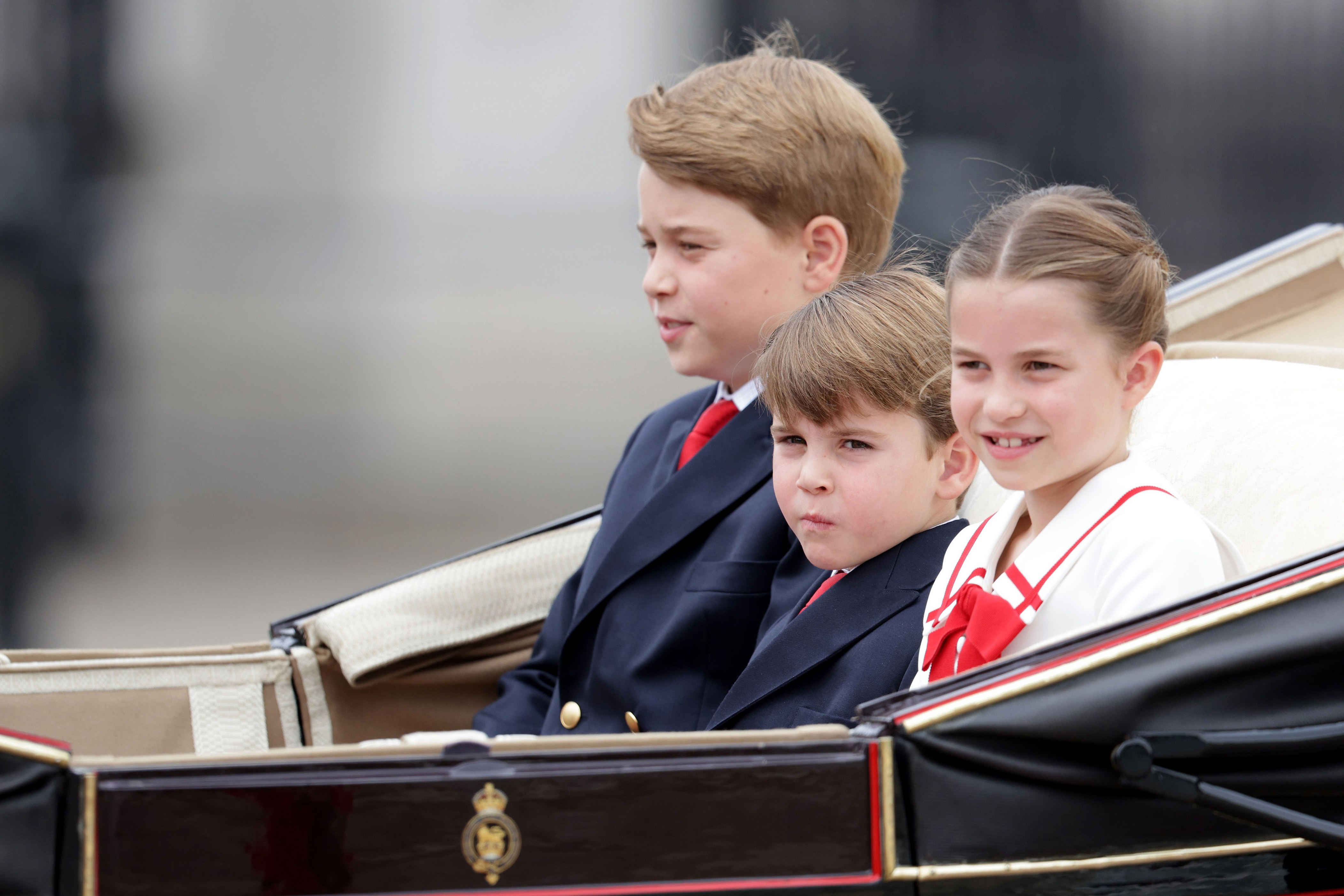 <p>Prince George, Prince Louis and Princess Charlotte rode in a carriage during <a href="https://www.wonderwall.com/celebrity/royals/trooping-the-colour-2023-king-charles-iii-celebrates-the-first-of-his-reign-752078.gallery">Trooping the Colour</a> in London on June 17, 2023.</p>